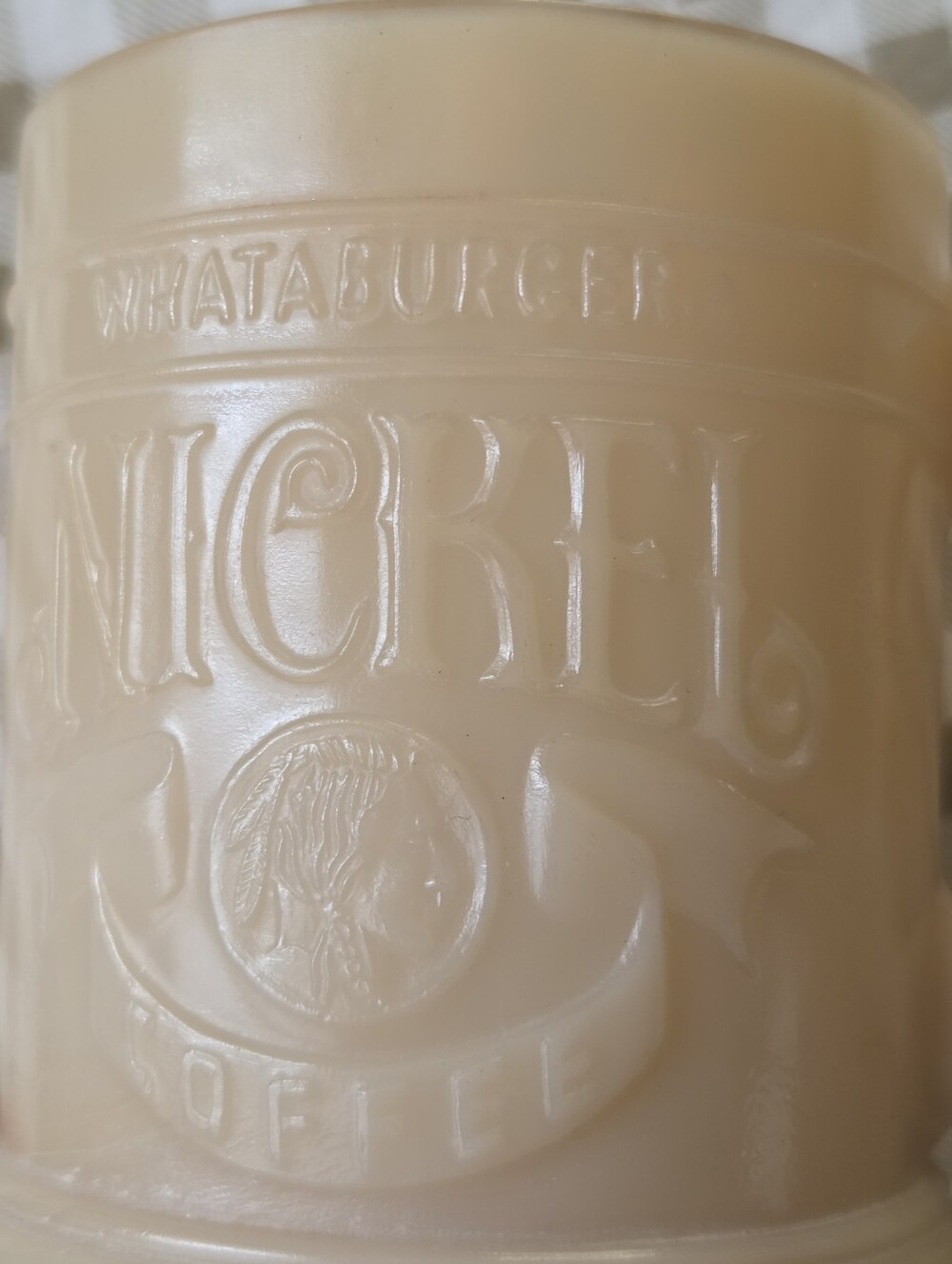 Vintage Set Of 2 Whataburger Buffalo Nickel Mugs, Butterscotch Milk Glass Pistol - Picture 10 of 13